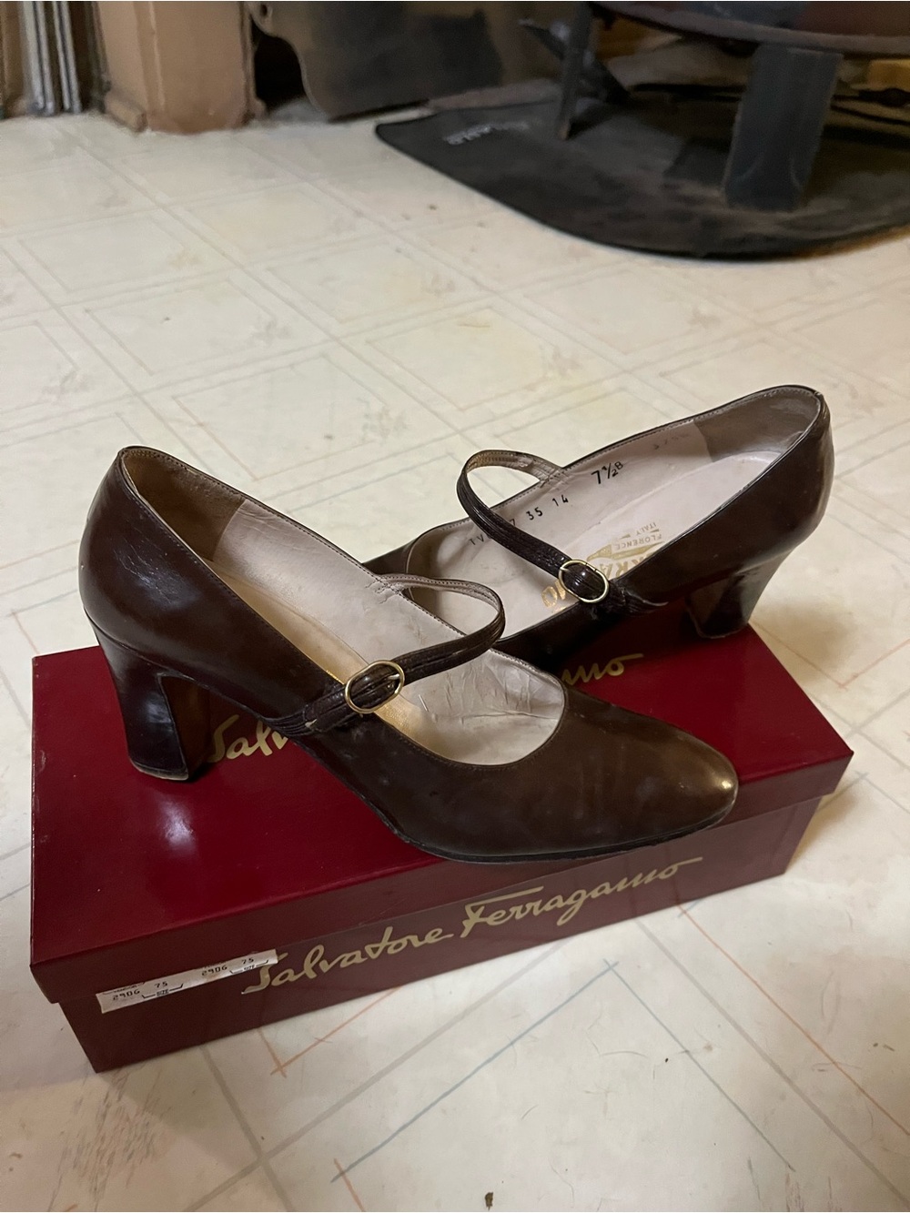 Salvatore Ferragamo Dark Brown Leather Mary Jane Heels
